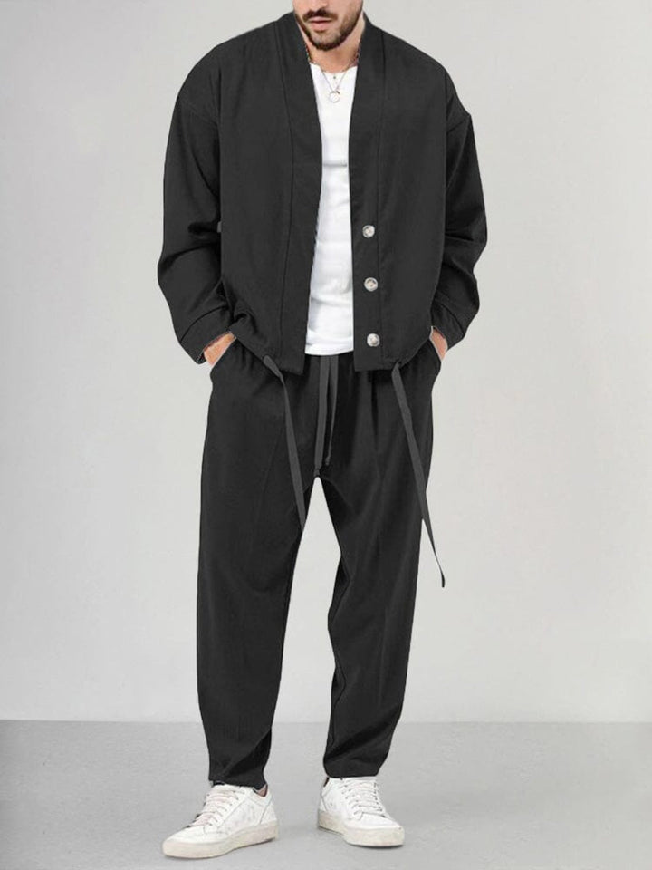 Stylish men's relaxed fit two-piece knit lounge set, a versatile casual track suit for modern comfort and style.