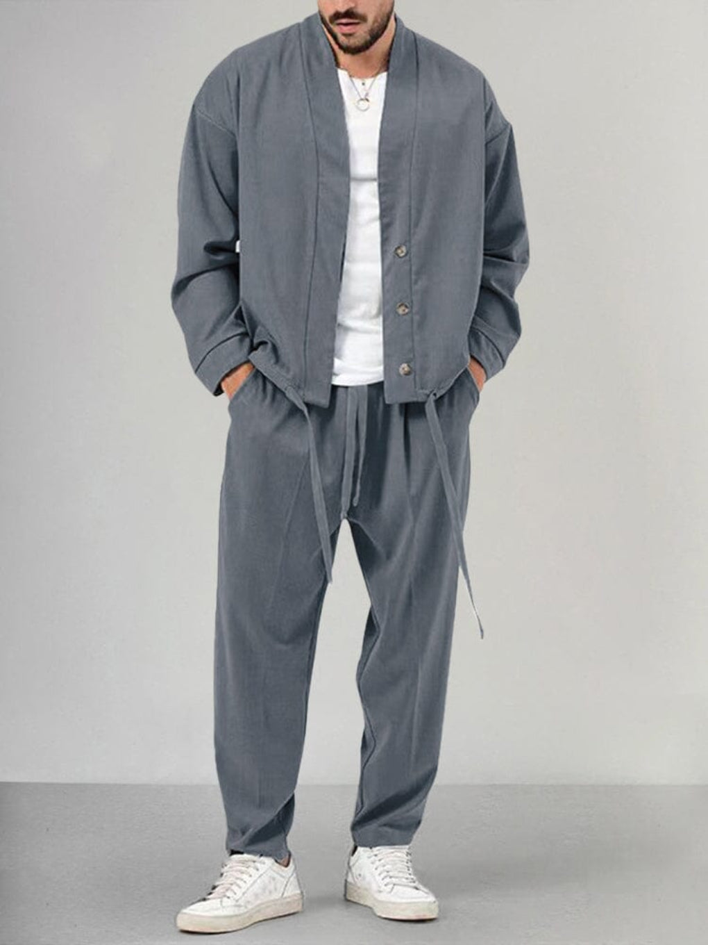 Close-up of a men's soft knit relaxed fit lounge set, highlighting the comfortable fabric and two-piece design.