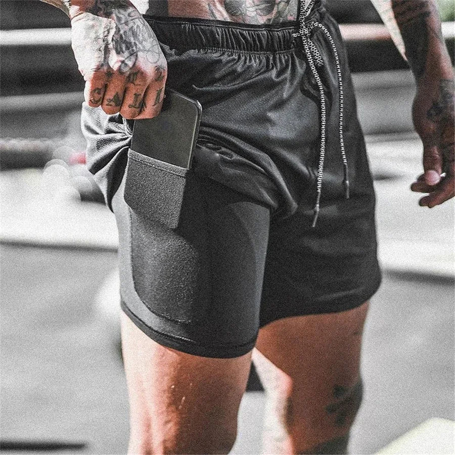 Men's 2-in-1 sport shorts, ideal for athletic performance & comfort. Quick-dry gym wear with pockets.