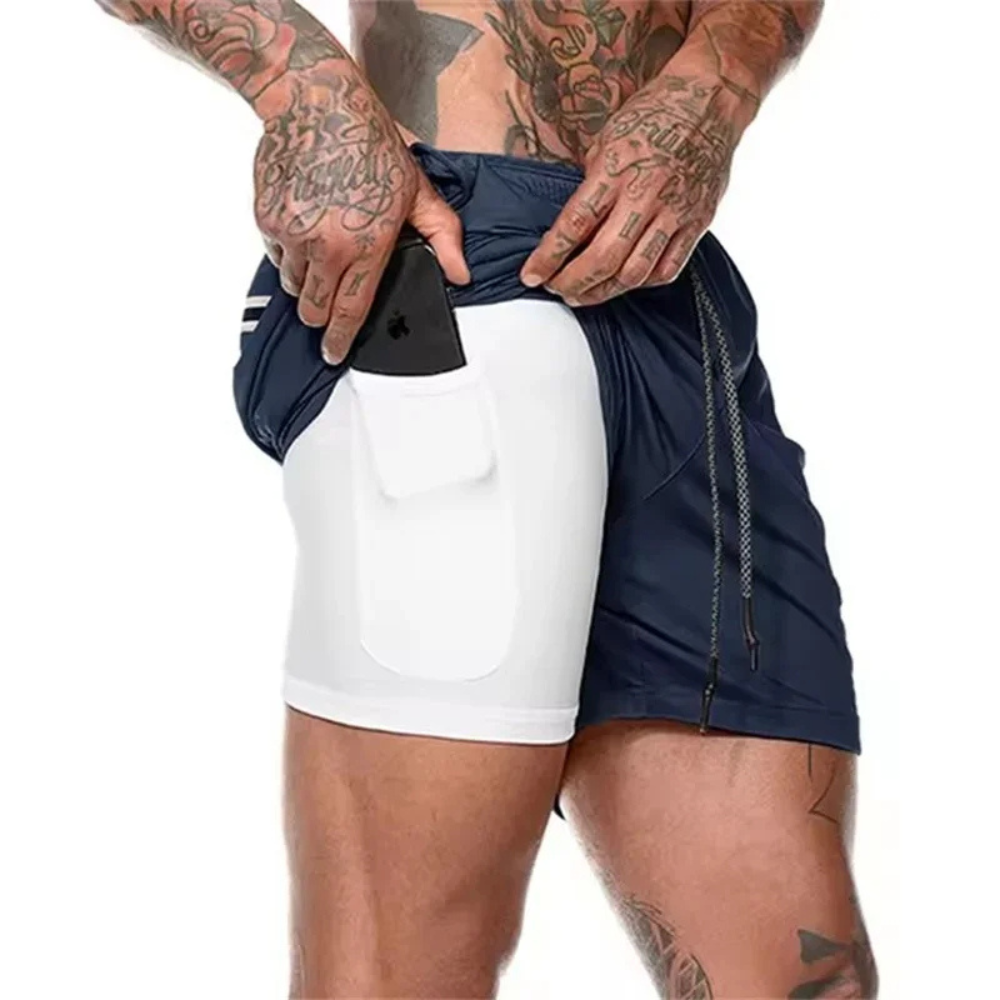 Premium men's fitness apparel: 2-in-1 sport shorts for optimal comfort & support.