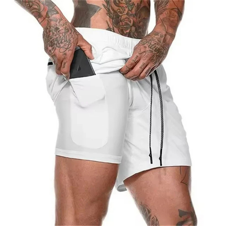 Performance men's athletic shorts, 2-in-1 design with practical pockets & quick-dry tech.