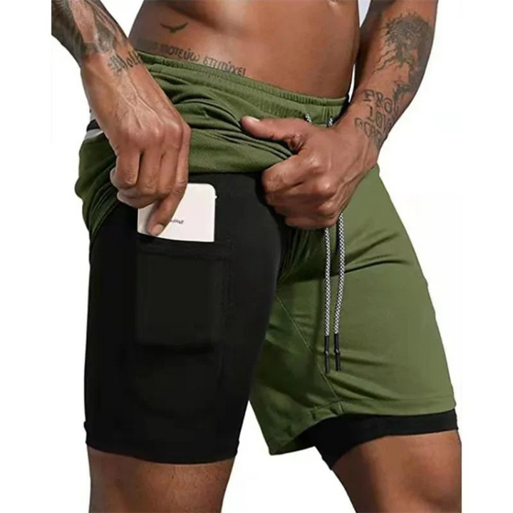 Lightweight men's running shorts, 2-in-1 with quick-dry outer and comfortable compression.