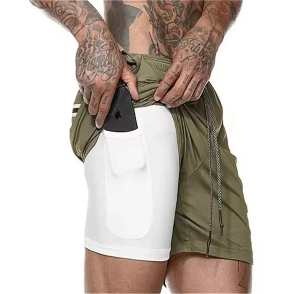 Men's 2-in-1 gym shorts, ideal for workouts, offering quick-dry comfort & practical pockets.
