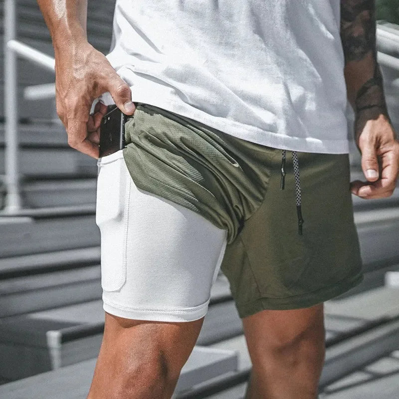 Running shorts for men, 2-in-1 design with quick-dry fabric & secure pockets for activewear.