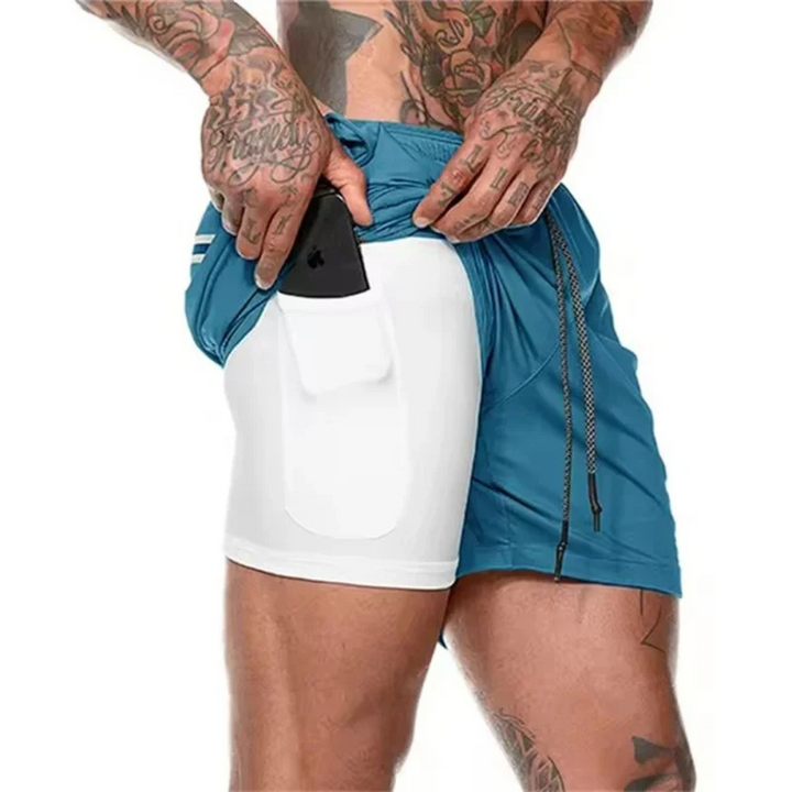 Men's training shorts, 2-in-1 with integrated compression liner for support & performance.