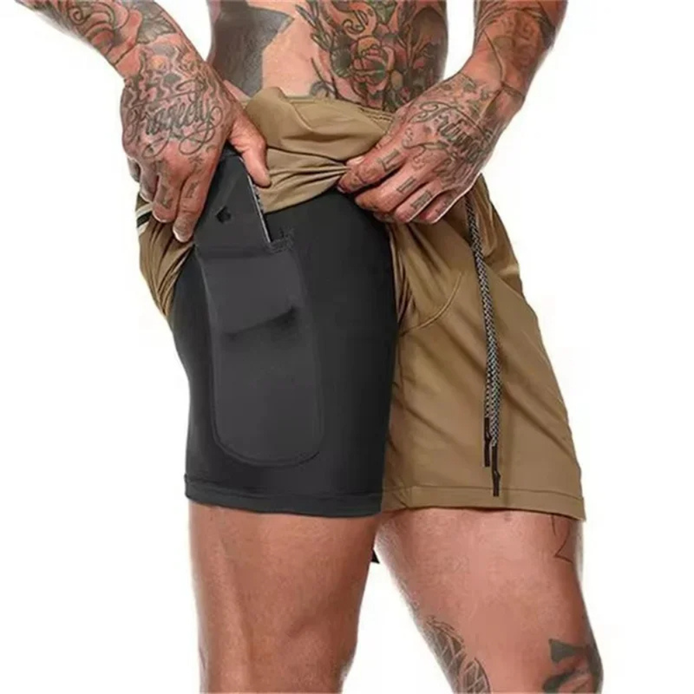Modern 2-in-1 sport shorts for men, quick-dry activewear with pockets for all workouts.