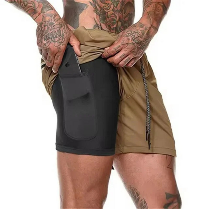Modern 2-in-1 sport shorts for men, quick-dry activewear with pockets for all workouts.