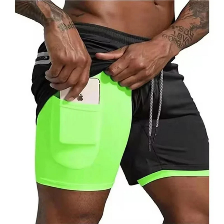 Functional men's workout gear: 2-in-1 athletic shorts with quick-dry material & compression.