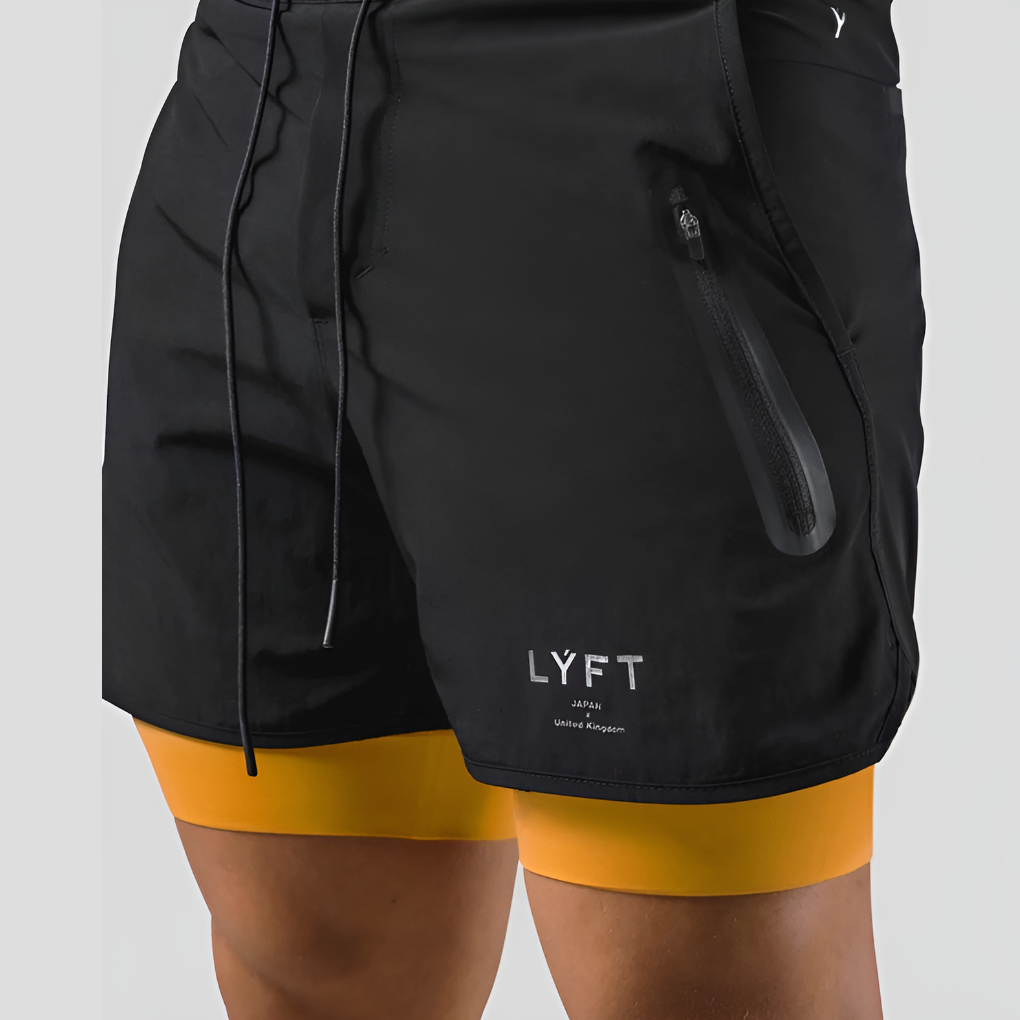 Men's 2-in-1 training shorts with compression liner in black. Perfect for gym workouts & running.