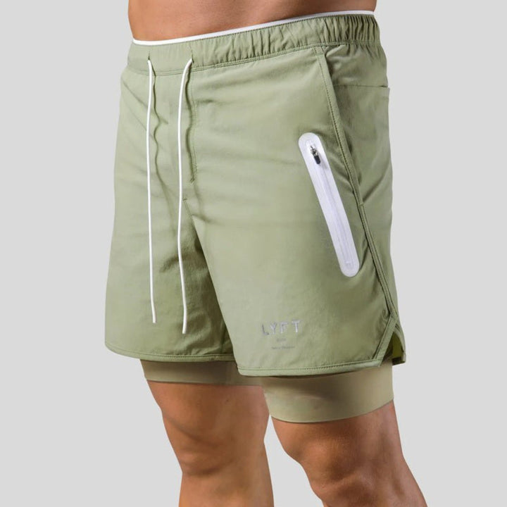 Stylish men's running shorts, 2-in-1 design with supportive compression liner. Great for any sport.