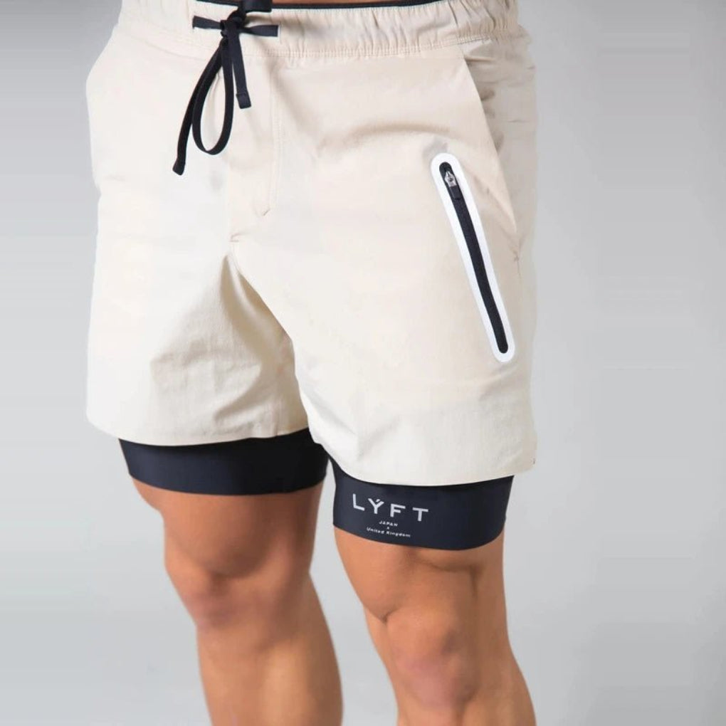 Versatile men's activewear, 2-in-1 sports shorts with compression liner. Ideal for training & fitness.