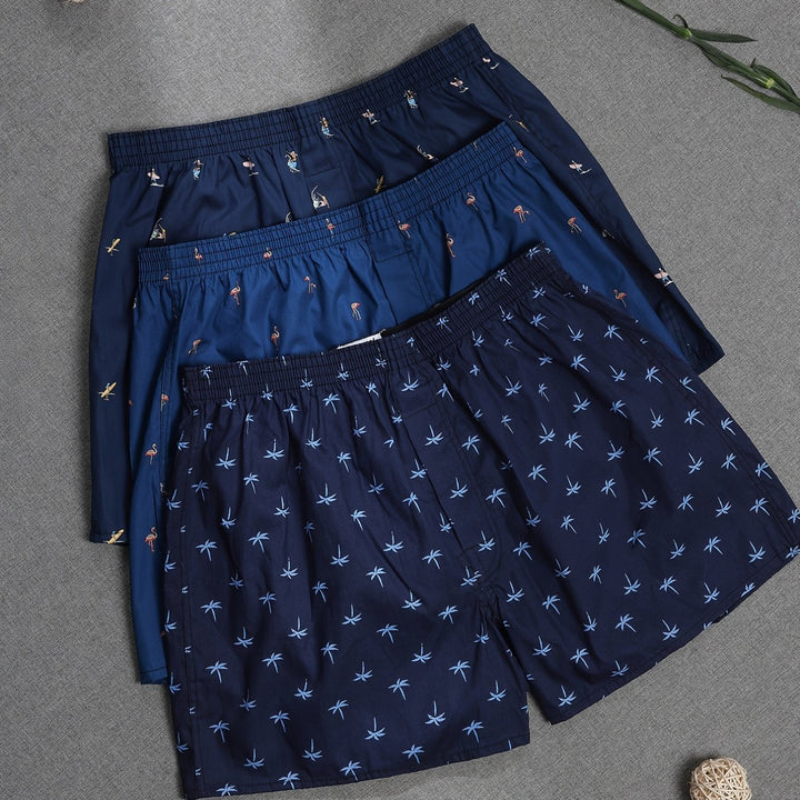 Value 3-pack men's cotton boxers. Comfortable, breathable daily wear underwear with modern plant print.