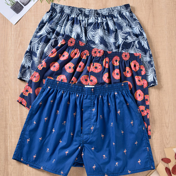 Soft, breathable men's cotton boxers 3-pack. Comfortable underwear with modern print, ideal for daily essentials.