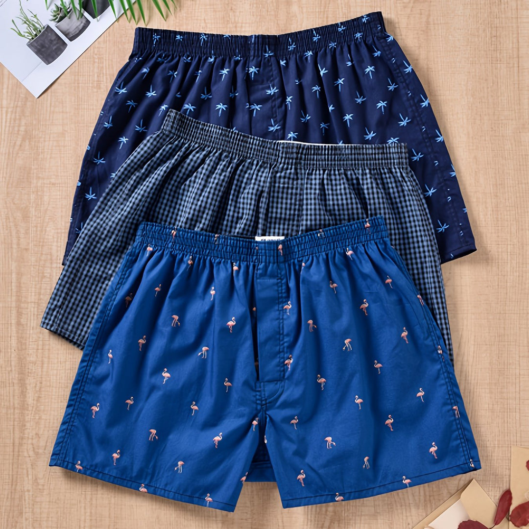 Breathable cotton men's boxers 3-pack. Modern plant print underwear, comfortable for everyday essentials.