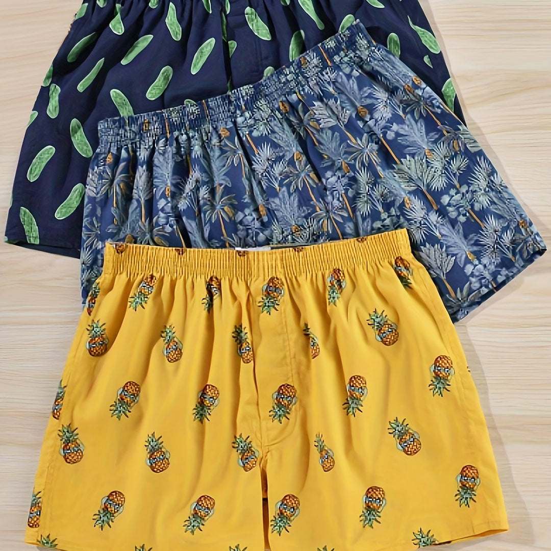 Men's 3-Pack Cotton Boxers with Modern Print. Comfortable, breathable daily wear underwear essentials.