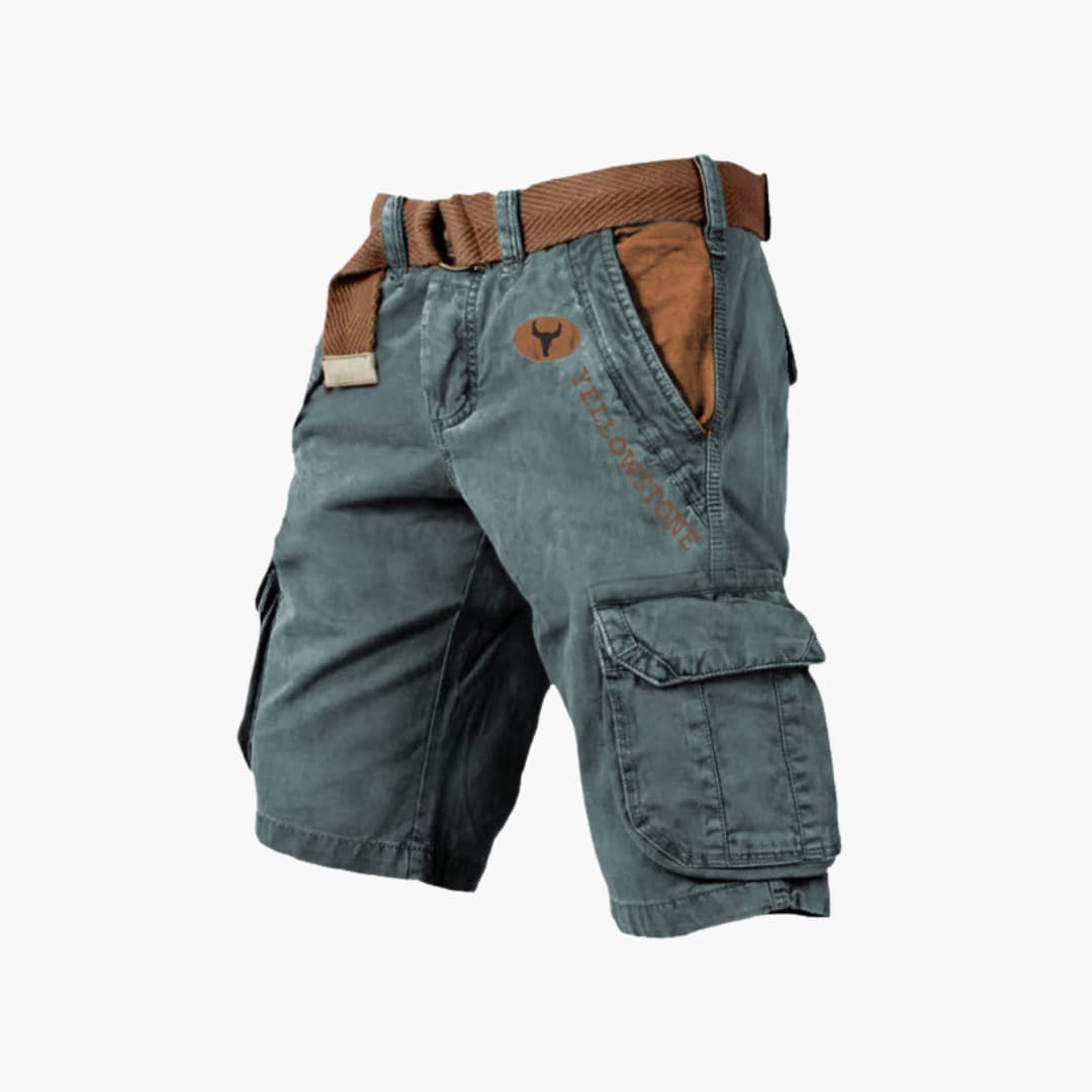 Front view of men's durable 6-pocket utility shorts, great for outdoor activities & summer style.