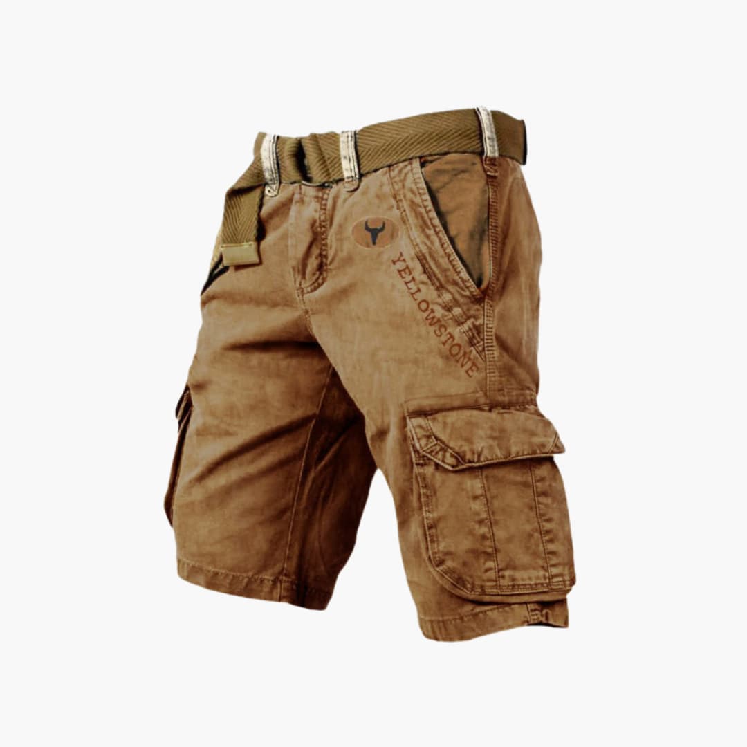 Close-up of the fabric and secure 6-pocket detail on men's rugged cargo utility shorts.