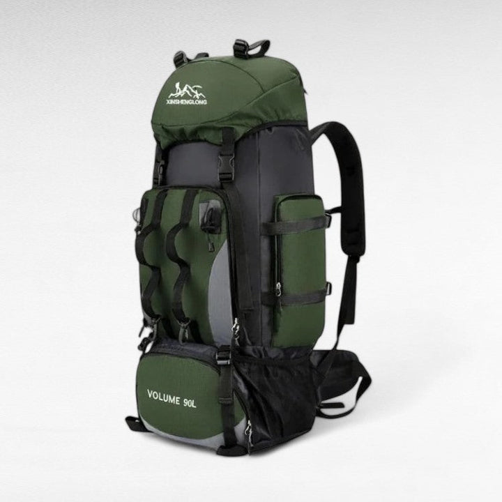 Men's 90L waterproof hiking backpack for long treks, lightweight & durable outdoor gear.