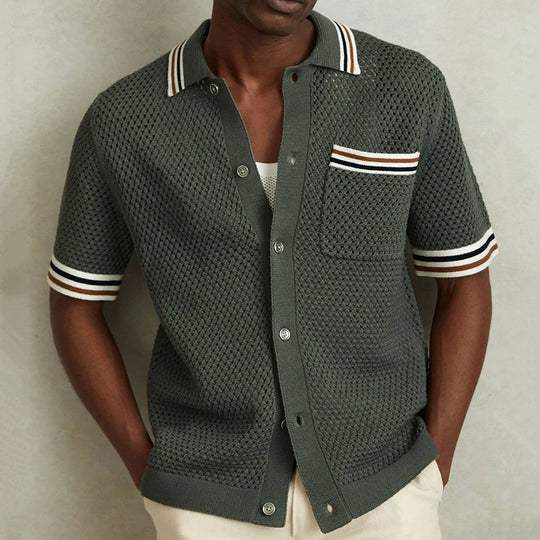 Men's army green textured knit short sleeve polo shirt, perfect for casual or smart casual summer style.