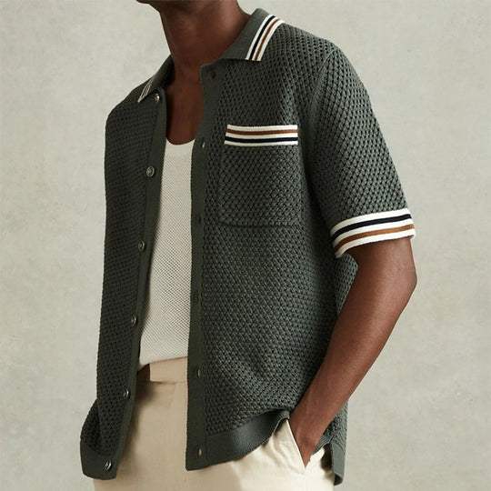 Stylish men's short sleeve army green textured knit polo, offering comfort for summer casual wear.