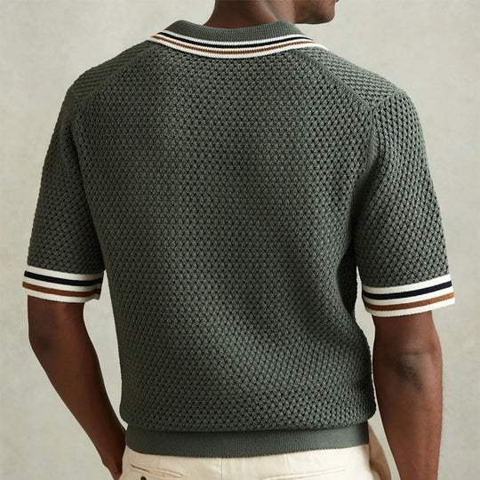 Comfortable men's textured knit short sleeve polo in army green, a stylish choice for casual summer outfits.