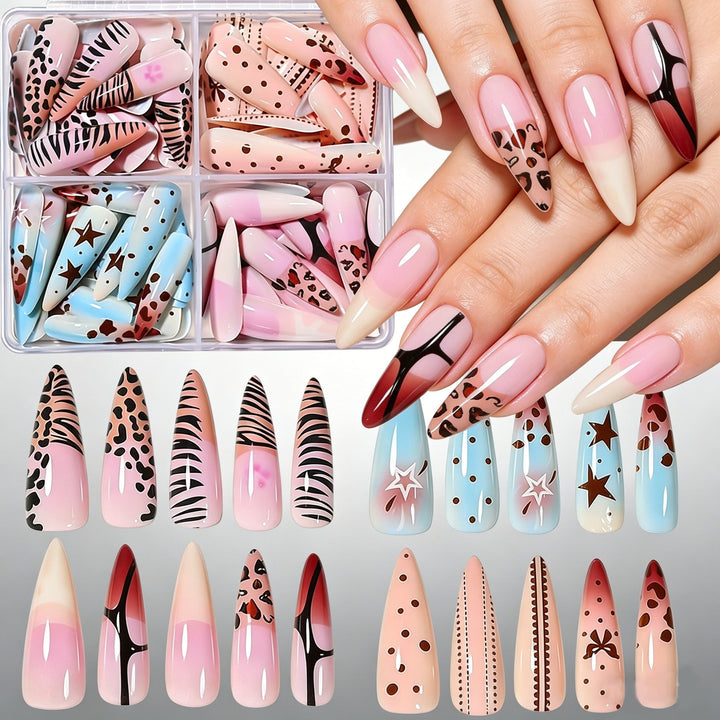 Men's artistic long stiletto press-on nails, reusable & durable. Easy application, statement nail art.