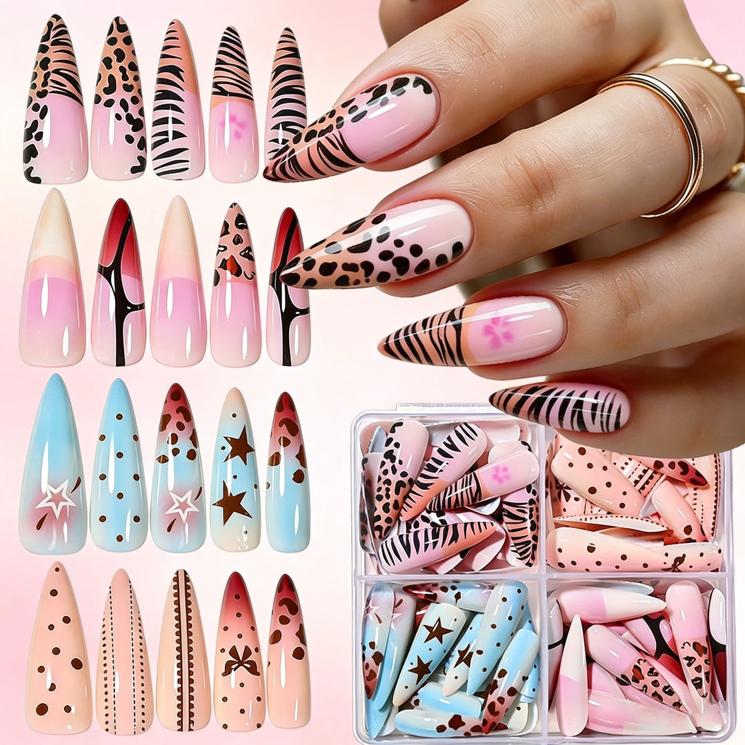 Bold men's artistic stiletto press-on nails with unique patterns, perfect for making a fashion statement.