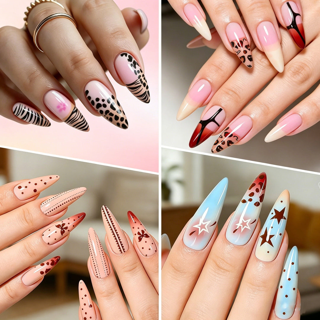 Durable & reusable men's artistic long stiletto press-on nails. Premium false nails for lasting nail art.