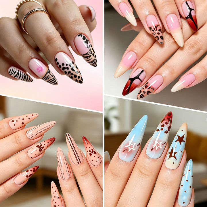 Durable & reusable men's artistic long stiletto press-on nails. Premium false nails for lasting nail art.