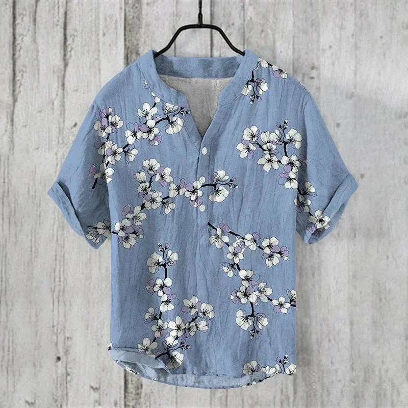 Men's artistic print casual shirt, lightweight summer style. Breathable short sleeve button-up for relaxed fit.