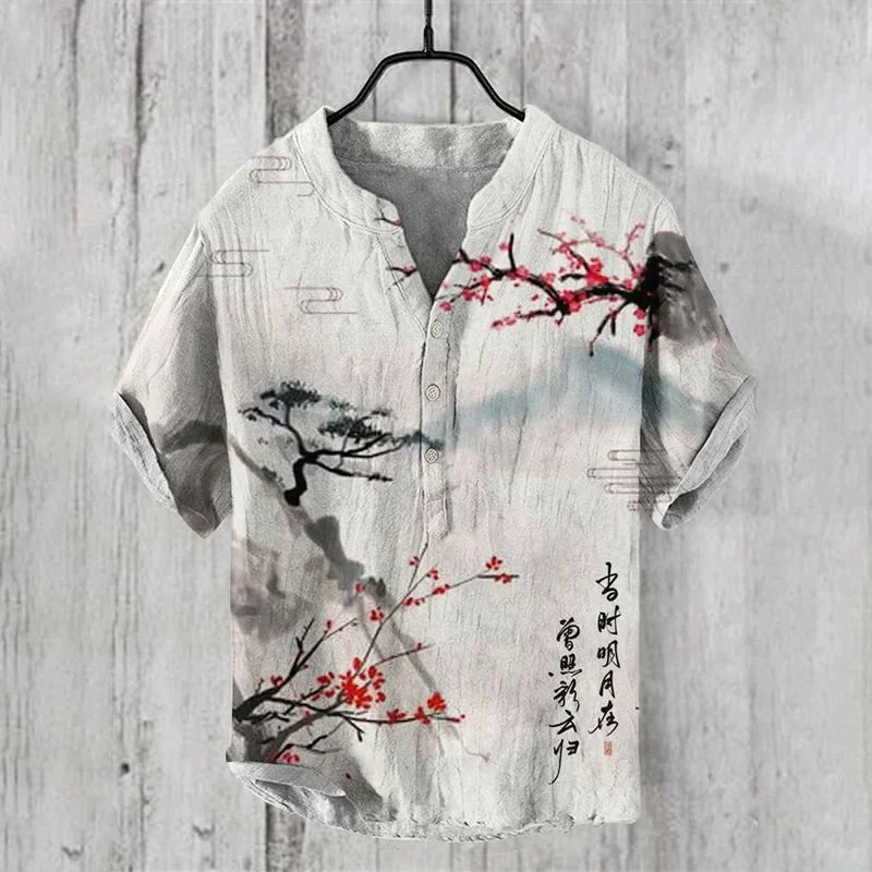 Lightweight & breathable men's casual shirt featuring a vibrant artistic print. Perfect for summer fashion.