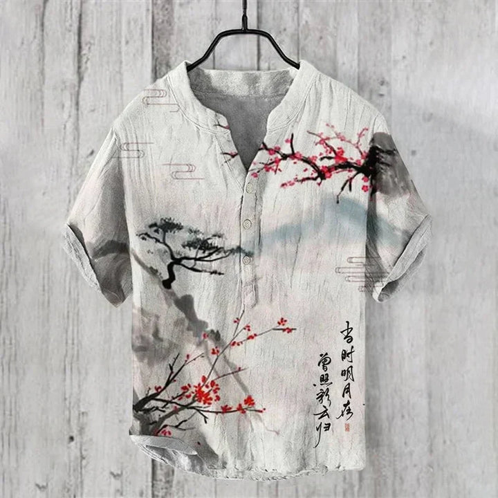 Lightweight & breathable men's casual shirt featuring a vibrant artistic print. Perfect for summer fashion.