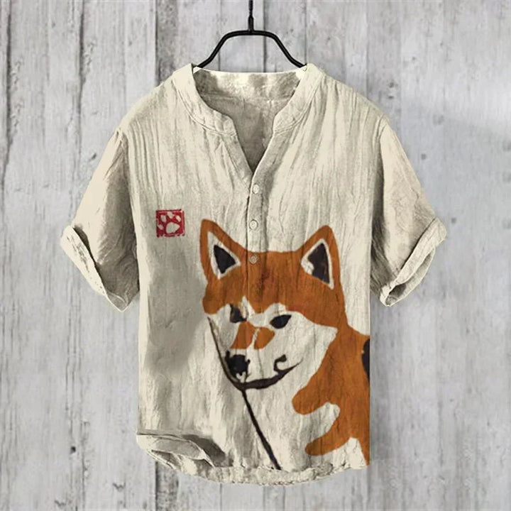 Men's fashion short sleeve shirt, button-up with eye-catching artistic print. Comfortable, relaxed summer style.
