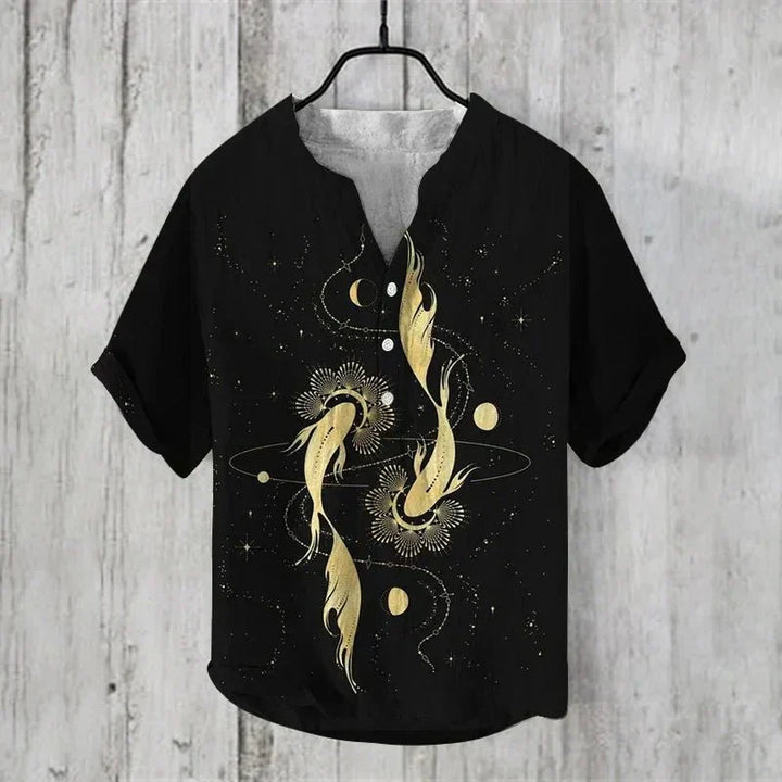Stylish men's artistic print shirt, a casual summer essential. Lightweight, breathable short sleeve for comfort.