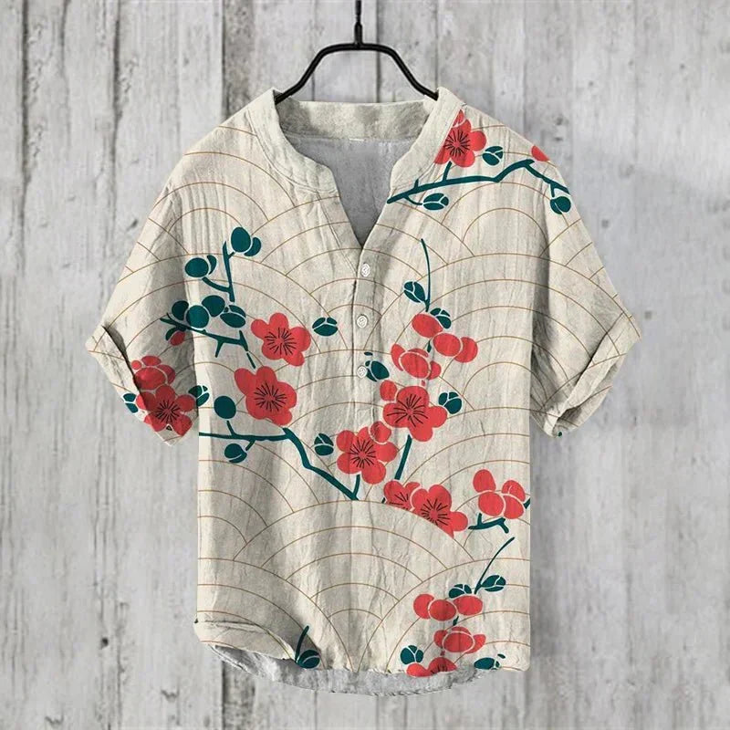 Men's holiday wear shirt: vibrant artistic print, short sleeve, button-up. Lightweight & breathable summer style.