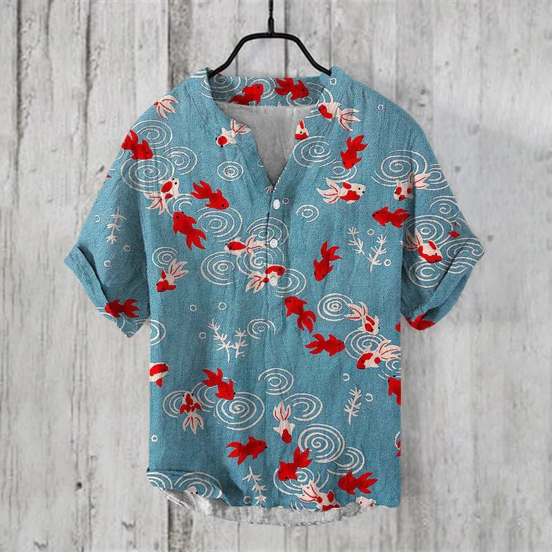 Breathable men's casual shirt with artistic print, short sleeve button-up. Ideal for lightweight summer & holiday wear.