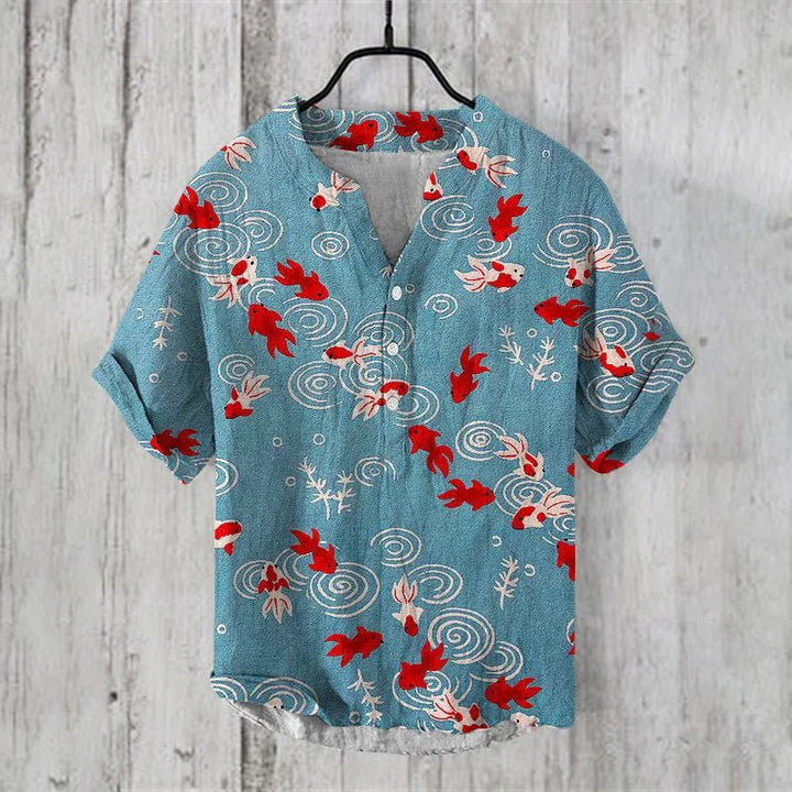 Breathable men's casual shirt with artistic print, short sleeve button-up. Ideal for lightweight summer & holiday wear.