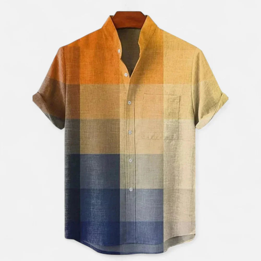 Men's artistic print short sleeve button-up shirt, perfect for summer casual wear & holiday outfits.