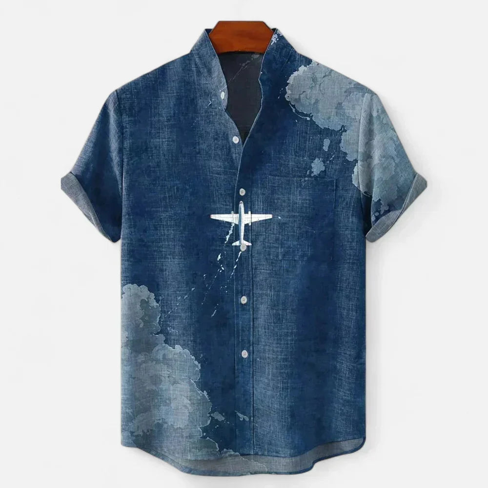 Modern men's button-up short sleeve shirt with an eye-catching artistic print, summer fashion essential.