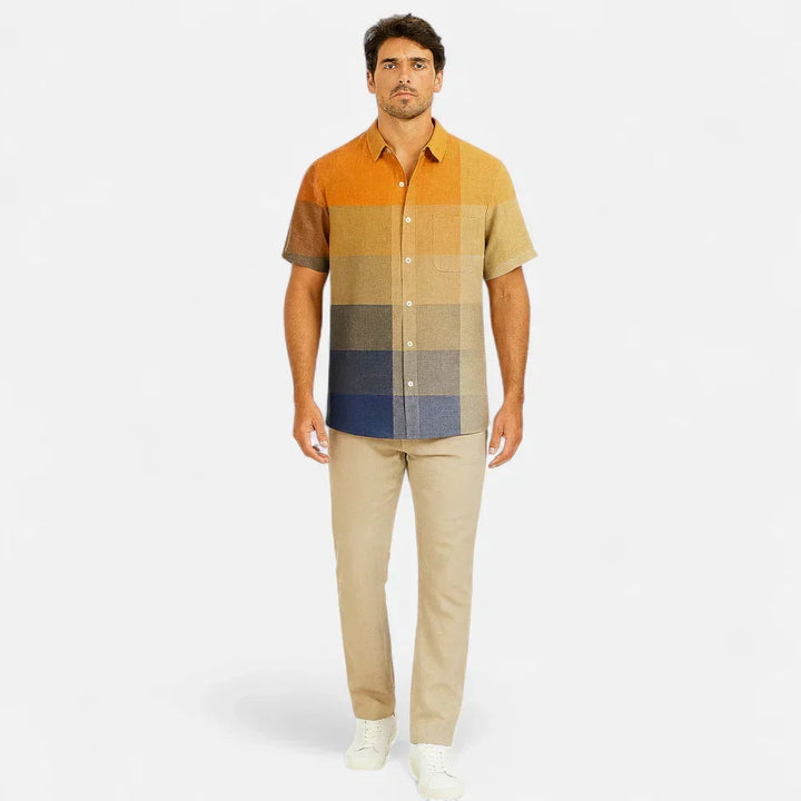 Comfortable men's artistic print short sleeve shirt, relaxed fit, great for summer casual and expressive style.