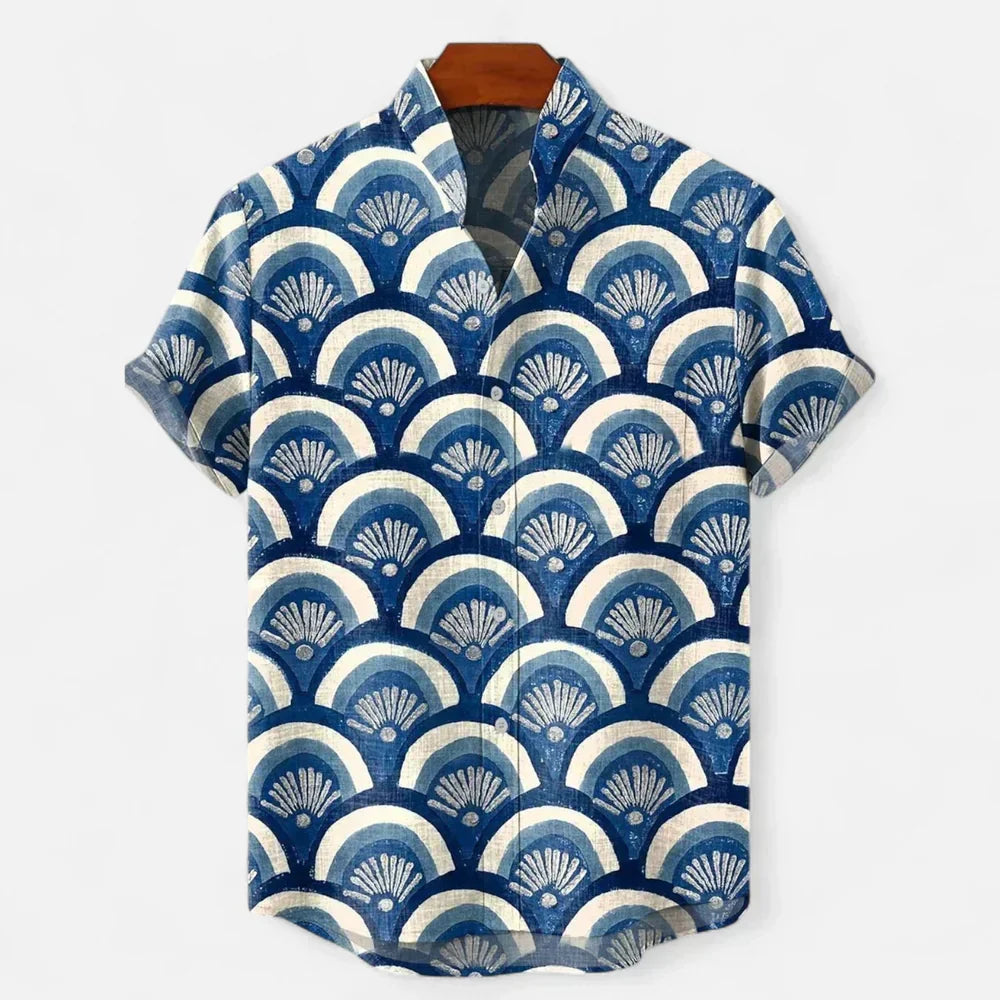 Expressive style men's casual short sleeve button-up shirt, featuring a unique artistic print.