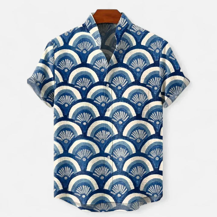 Expressive style men's casual short sleeve button-up shirt, featuring a unique artistic print.