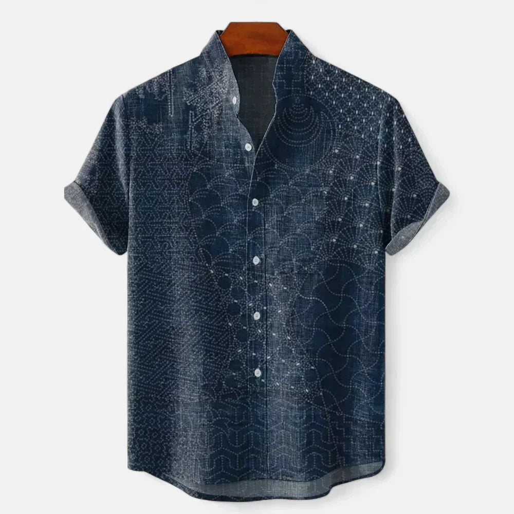 Lightweight men's short sleeve shirt with artistic print, designed for casual summer and resort wear.