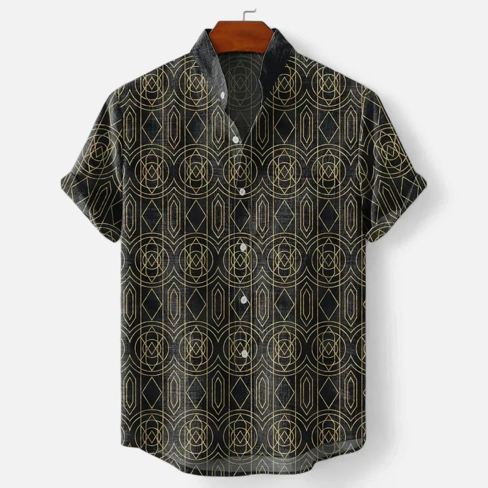 Close-up of the vibrant artistic print on a men's short sleeve button-up shirt, great for summer.