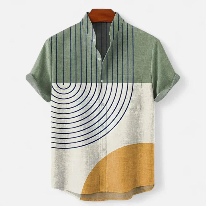 Men's artistic print short sleeve shirt, showcasing its expressive design and relaxed fit for summer.
