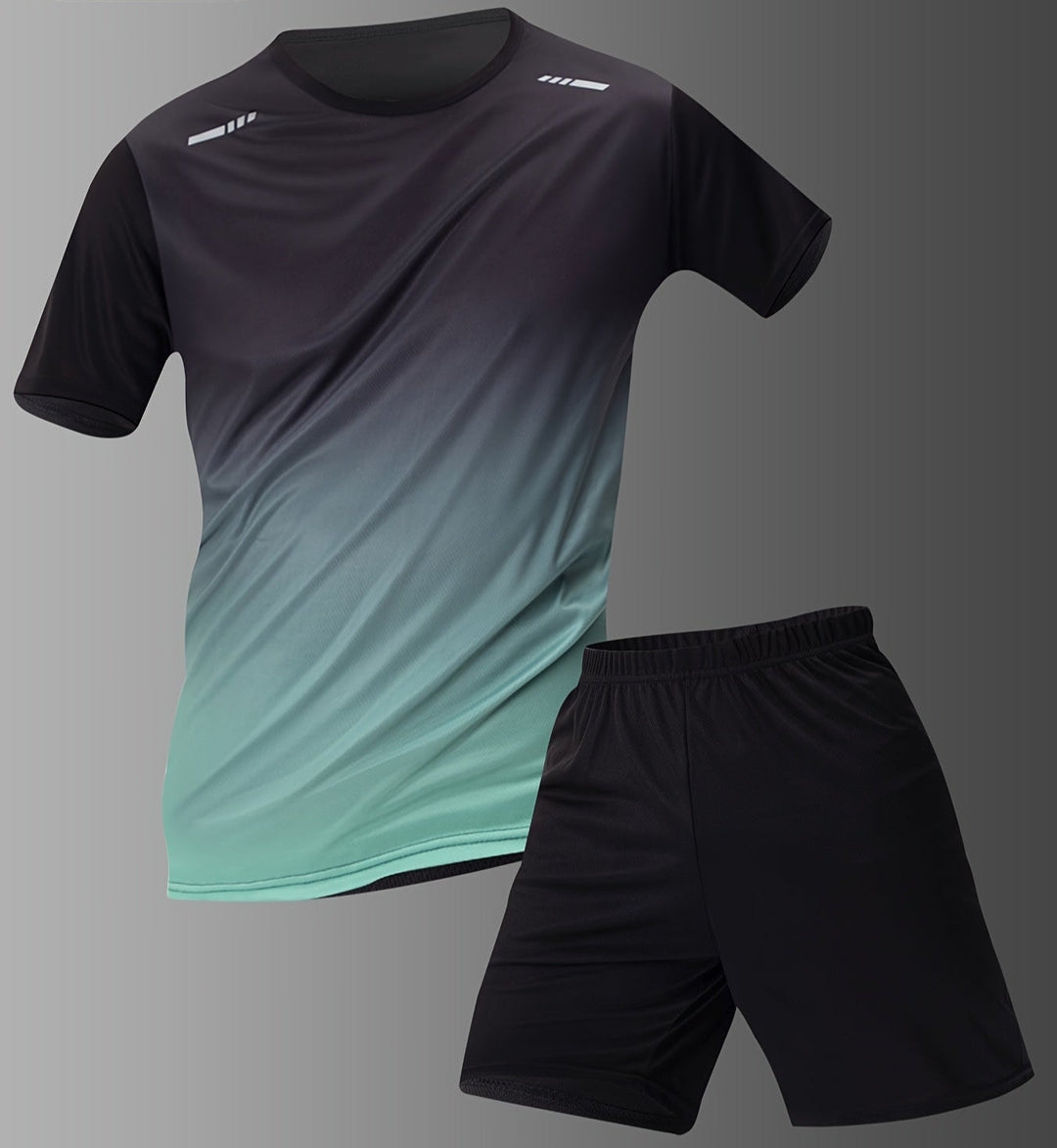 Men's athletic sports set with dynamic gradient t-shirt & matching shorts. Perfect for gym workouts & activewear.
