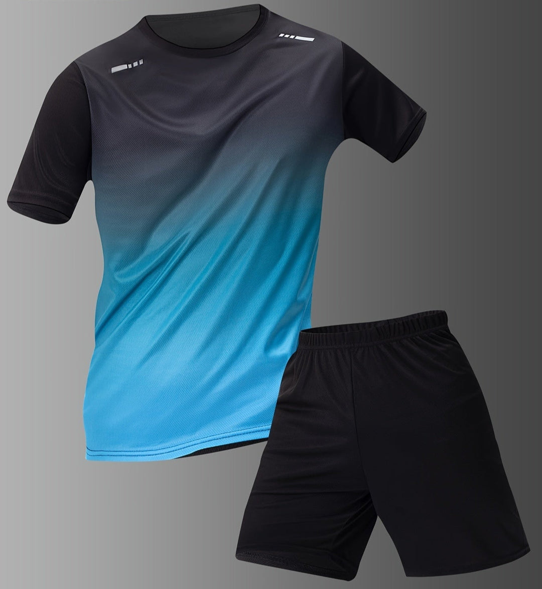 Man wearing dynamic gradient sports t-shirt & shorts set, ideal for fitness, gym, and active athletic performance.