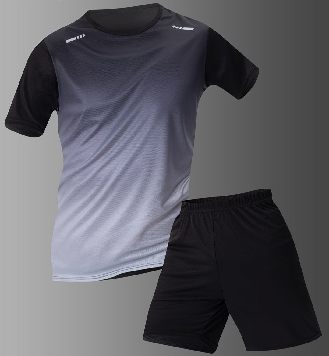 Stylish men's gradient activewear set featuring a short-sleeve t-shirt & comfy workout shorts for fitness.