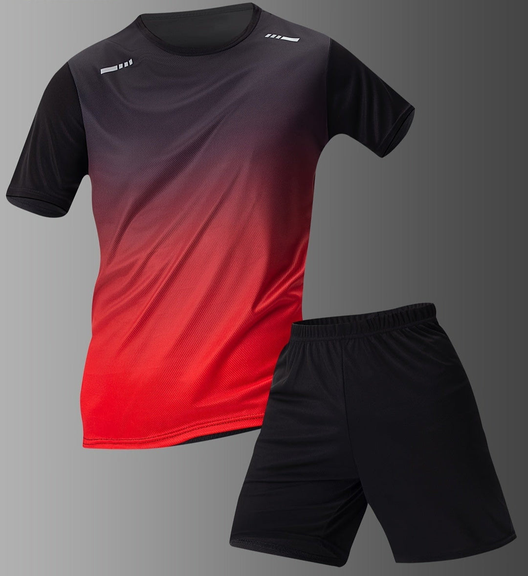 Complete men's workout set: gradient sports t-shirt and athletic shorts. Comfortable for gym & fitness activities.
