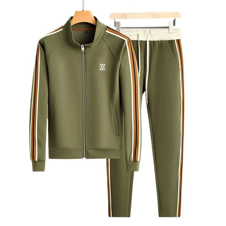 Men's athletic tracksuit set with full-zip jacket and matching tapered pants, featuring sporty stripe detail.